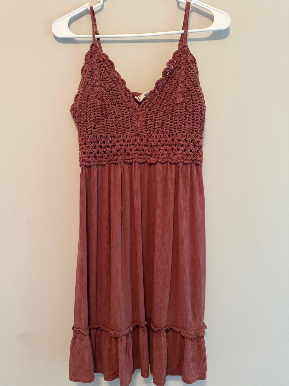 Blush Crochet Bodice Mini Dress in Rusty Rose